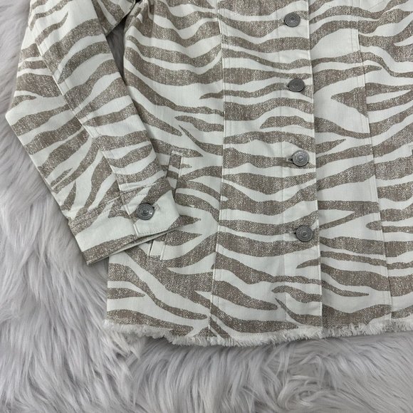 Chicos Womens 00P Zebra Print Button Up Jacket Stretch Fringe Bottom - Picture 2 of 9